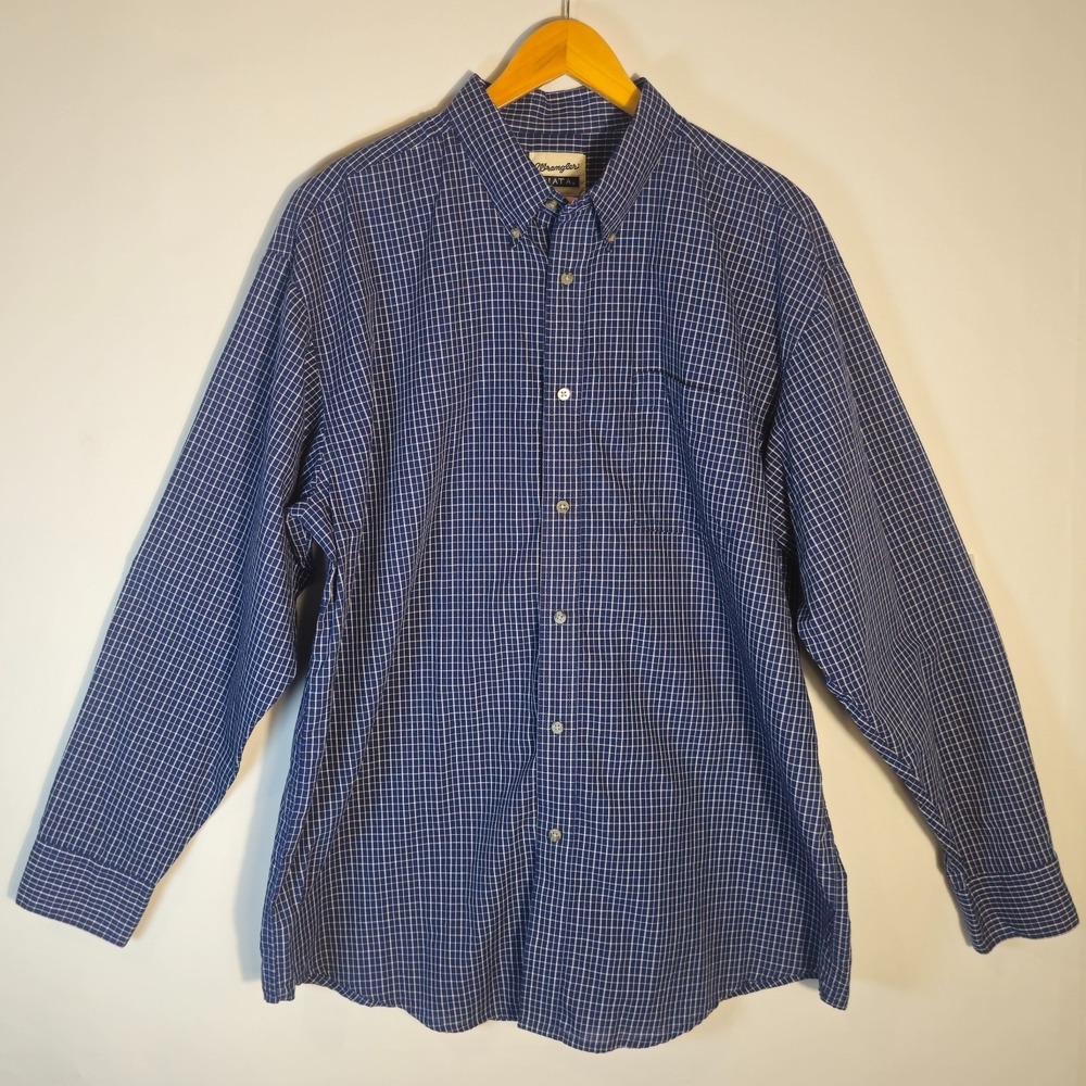 Wrangler Riata Men's Plaid Button Down Western Shirt Blue White Long Sleeve XXL